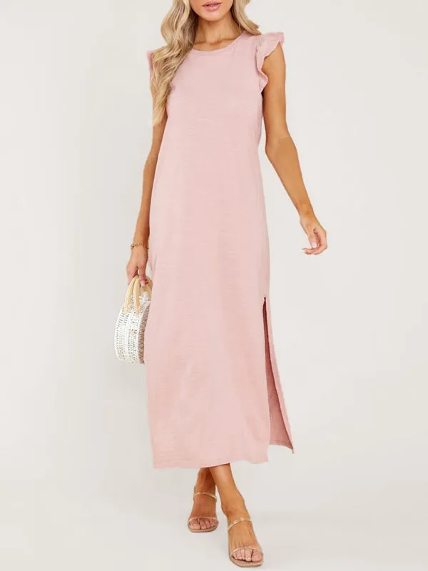 Ruffled Shoulder A-line Knitted Dress with Side Slit