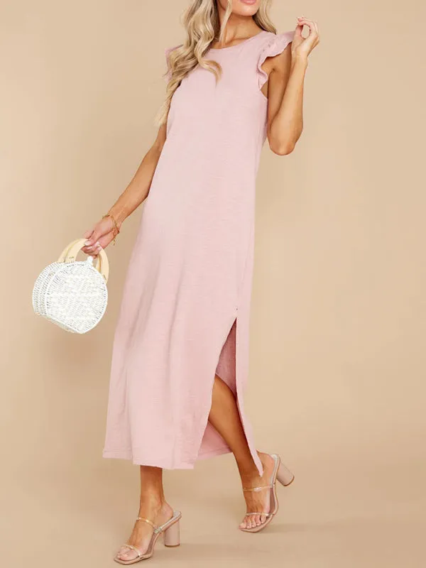 Ruffled Shoulder A-line Knitted Dress with Side Slit