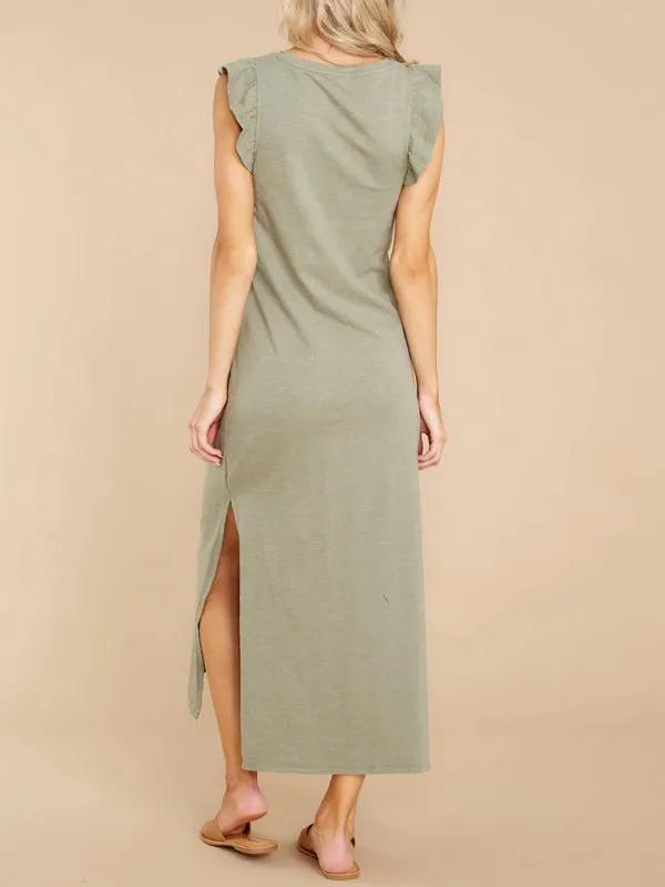 Ruffled Shoulder A-line Knitted Dress with Side Slit