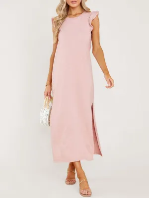 Ruffled Shoulder A-line Knitted Dress with Side Slit