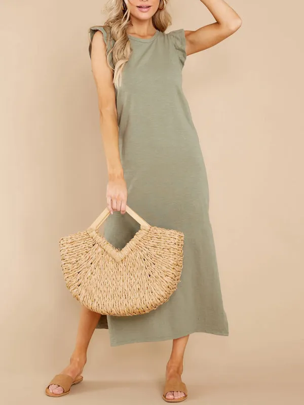 Ruffled Shoulder A-line Knitted Dress with Side Slit