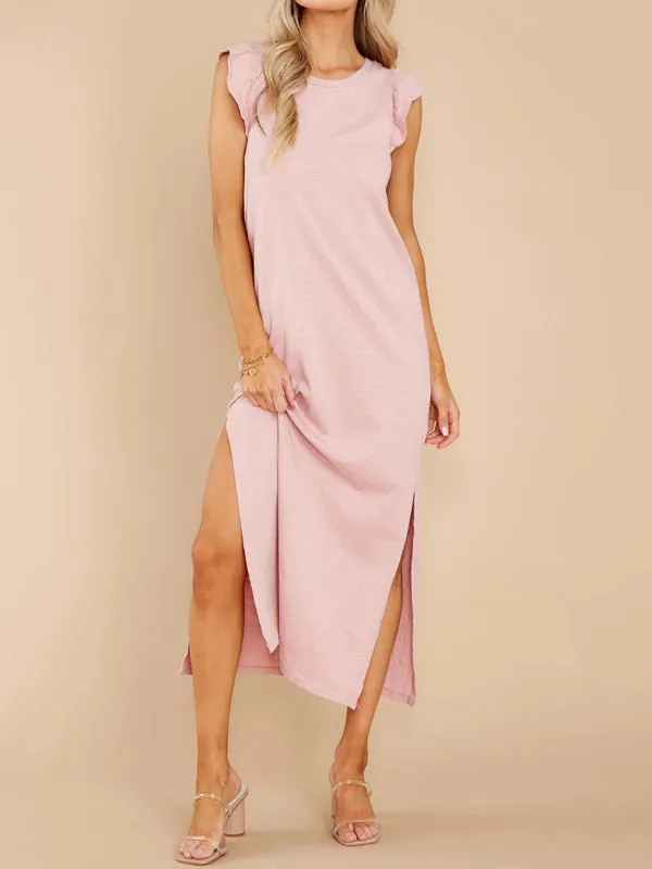 Ruffled Shoulder A-line Knitted Dress with Side Slit