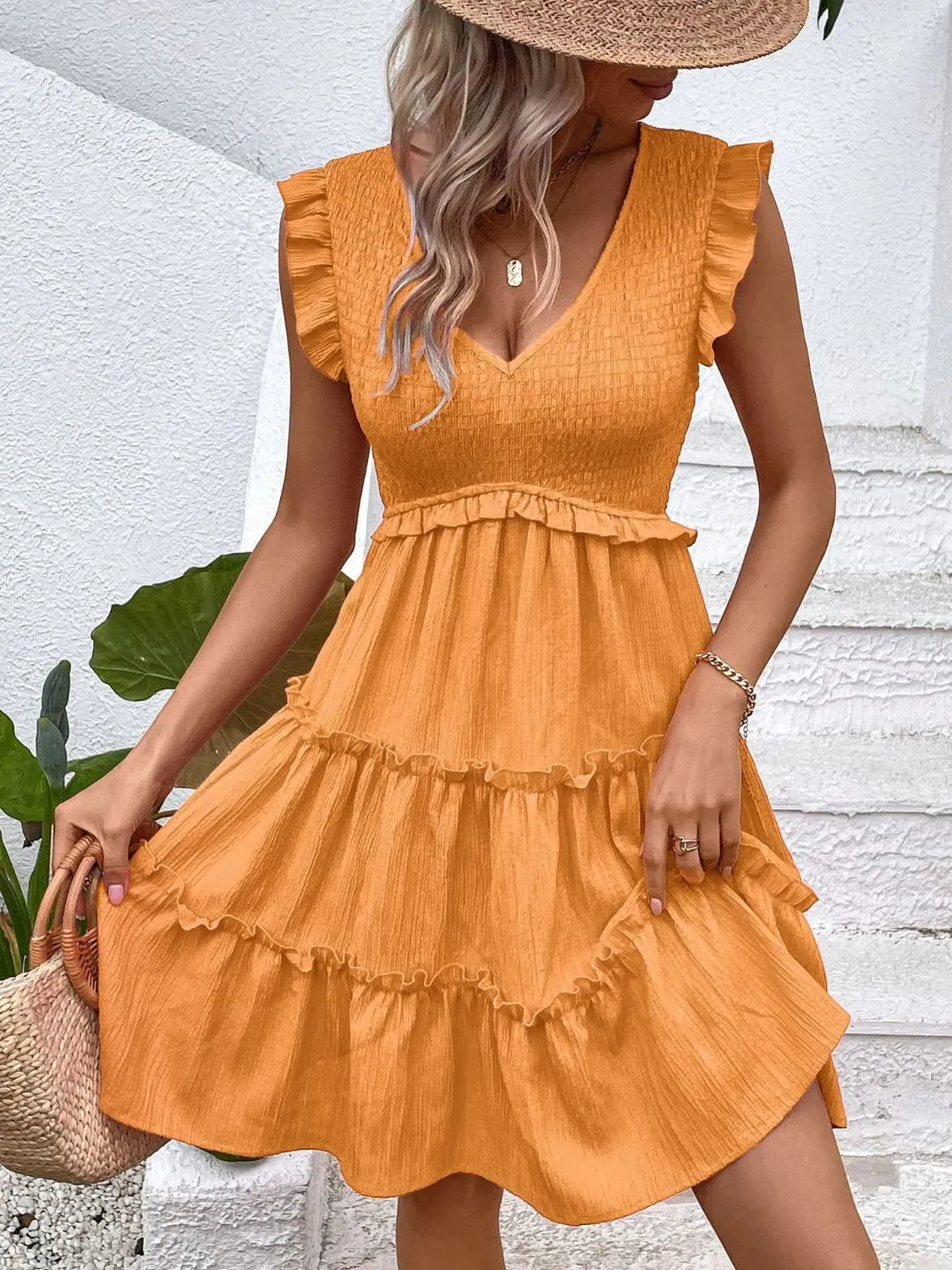 Ruffled V-Neck Cap Sleeve Dress
