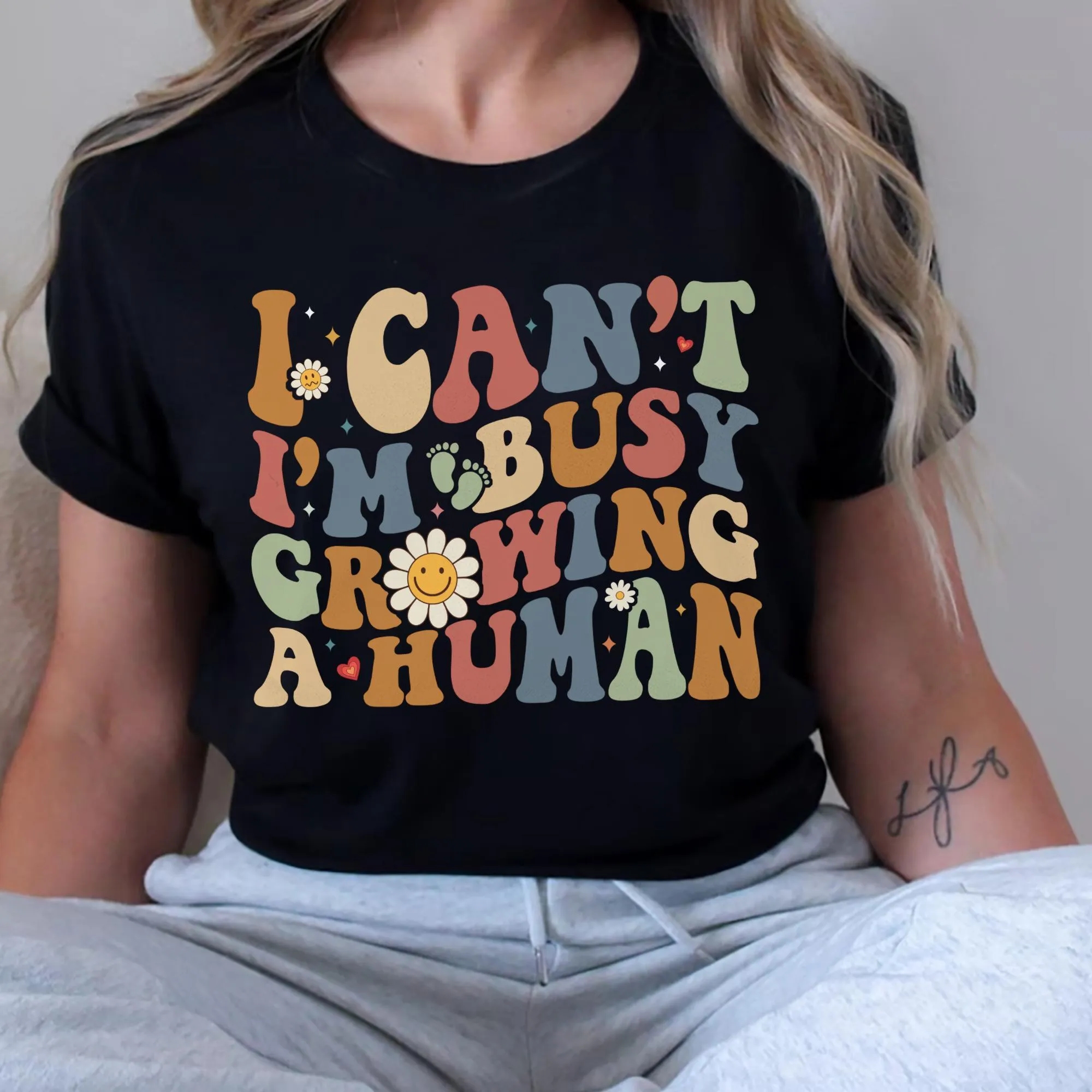 Sandjest New Mom T-Shirt I Can??t I??m Busy Growing a Human Gift for Women Pregnant Mom