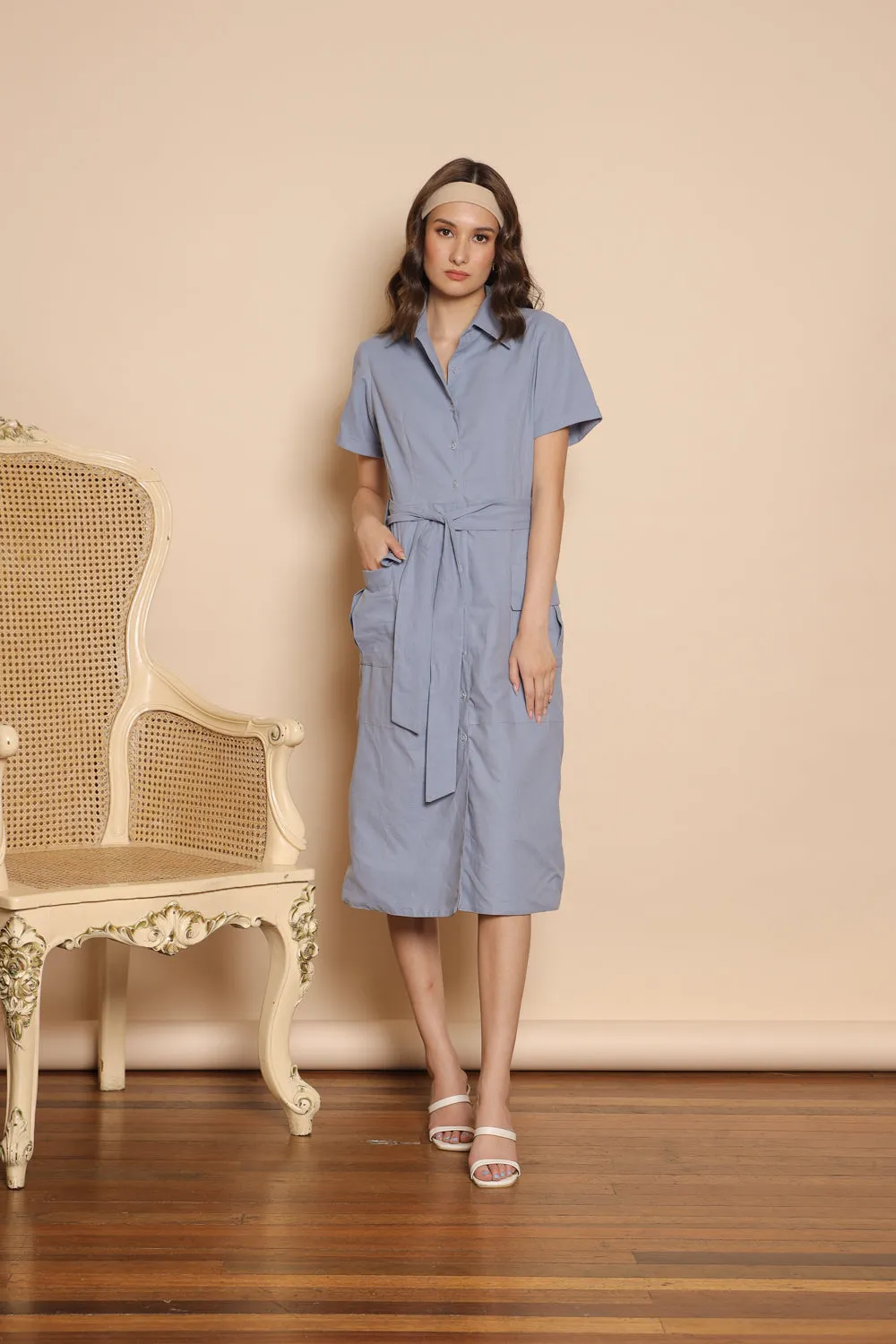 SANTIAGO Collared Button Down Shirt Dress with Oversize Pockets (Serenity Blue Linen)