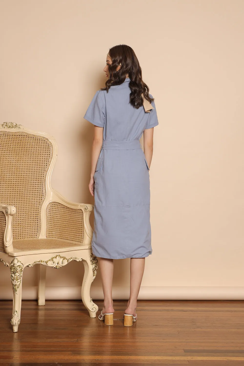 SANTIAGO Collared Button Down Shirt Dress with Oversize Pockets (Serenity Blue Linen)