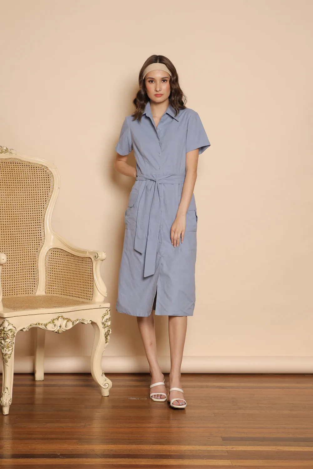 SANTIAGO Collared Button Down Shirt Dress with Oversize Pockets (Serenity Blue Linen)