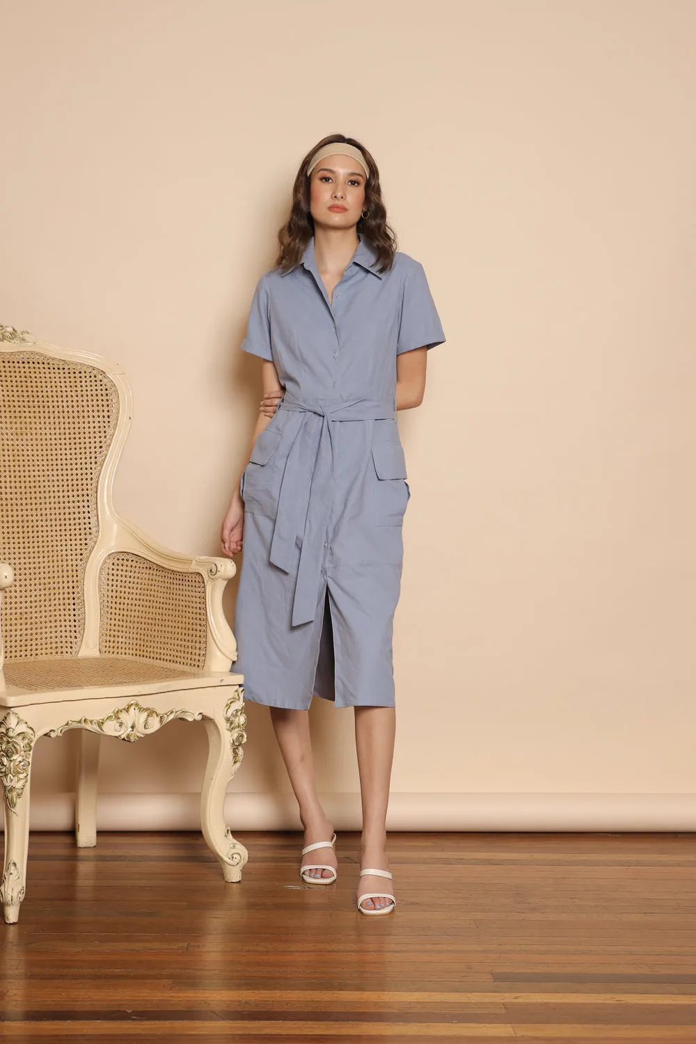 SANTIAGO Collared Button Down Shirt Dress with Oversize Pockets (Serenity Blue Linen)