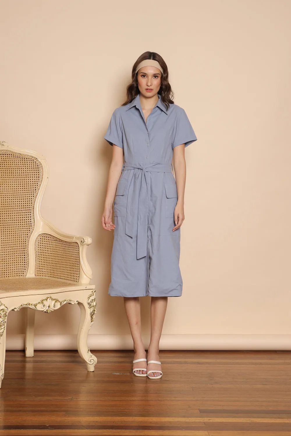 SANTIAGO Collared Button Down Shirt Dress with Oversize Pockets (Serenity Blue Linen)