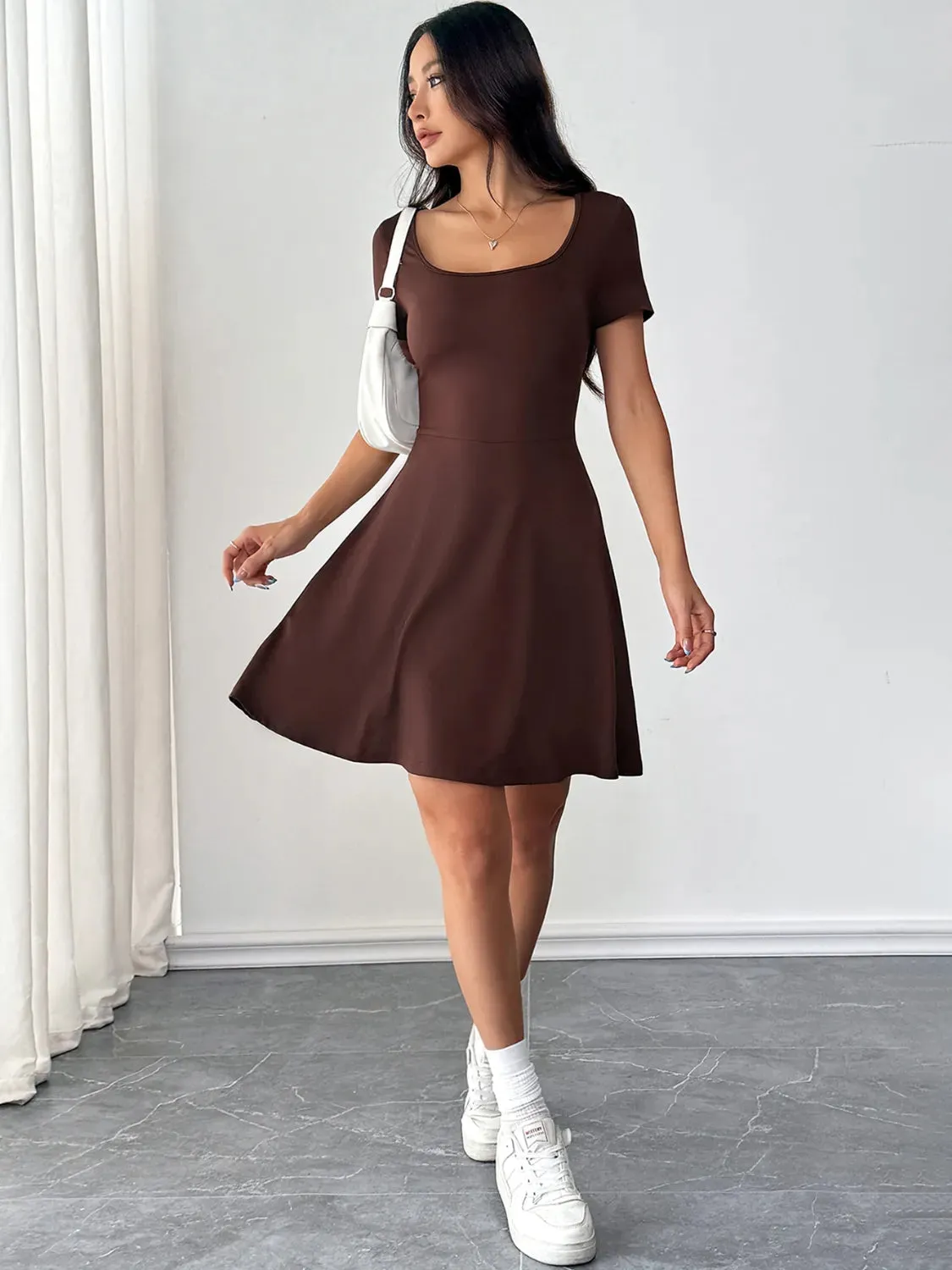 Scoop Neck Short Sleeve Mini Tee Dress with Shorts S-XL