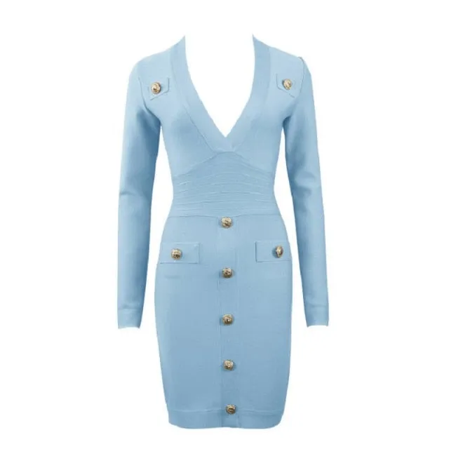 Sexy Deep V-neck Gold Buttons Bandage Elegant Party Dress