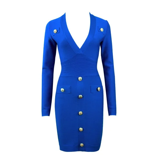 Sexy Deep V-neck Gold Buttons Bandage Elegant Party Dress