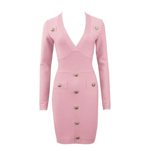 Sexy Deep V-neck Gold Buttons Bandage Elegant Party Dress