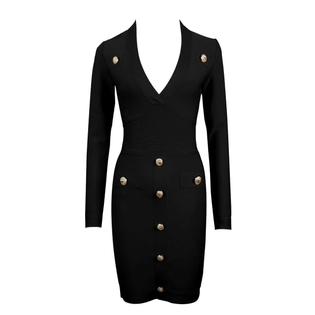 Sexy Deep V-neck Gold Buttons Bandage Elegant Party Dress