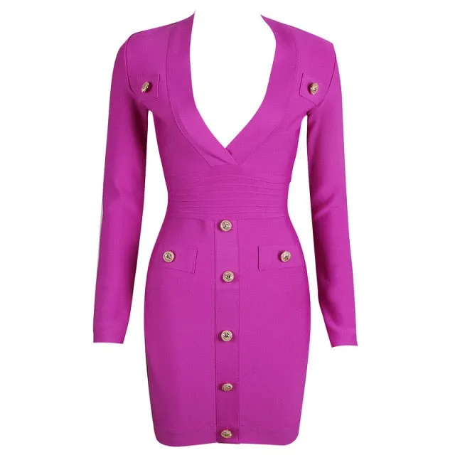 Sexy Deep V-neck Gold Buttons Bandage Elegant Party Dress