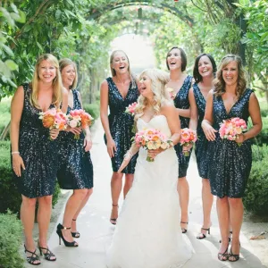 Sexy Deep V-Neck Navy Blue Sequin Short Cheap Bridesmaid Dresses Online, QB0139