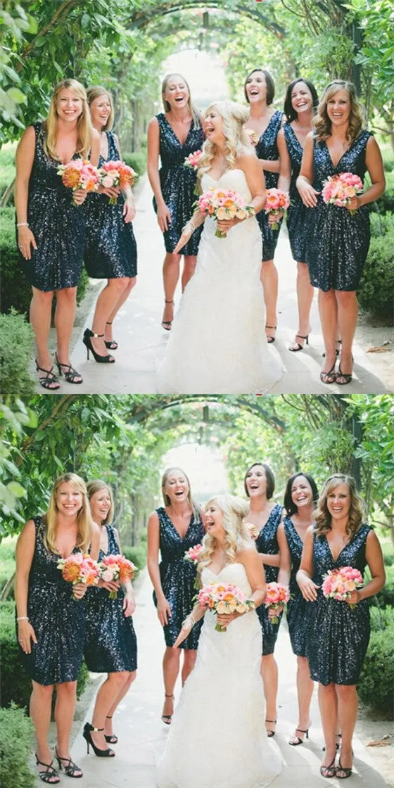 Sexy Deep V-Neck Navy Blue Sequin Short Cheap Bridesmaid Dresses Online, QB0139