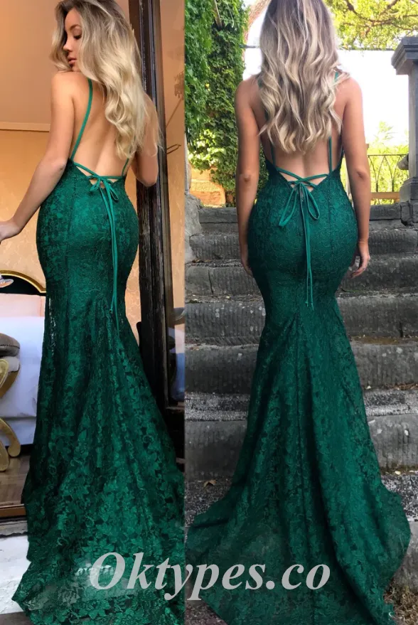 Sexy Lace Spaghetti Straps V-Neck Sleeveless Open Back Mermaid Long Prom Dresses,PDS0564
