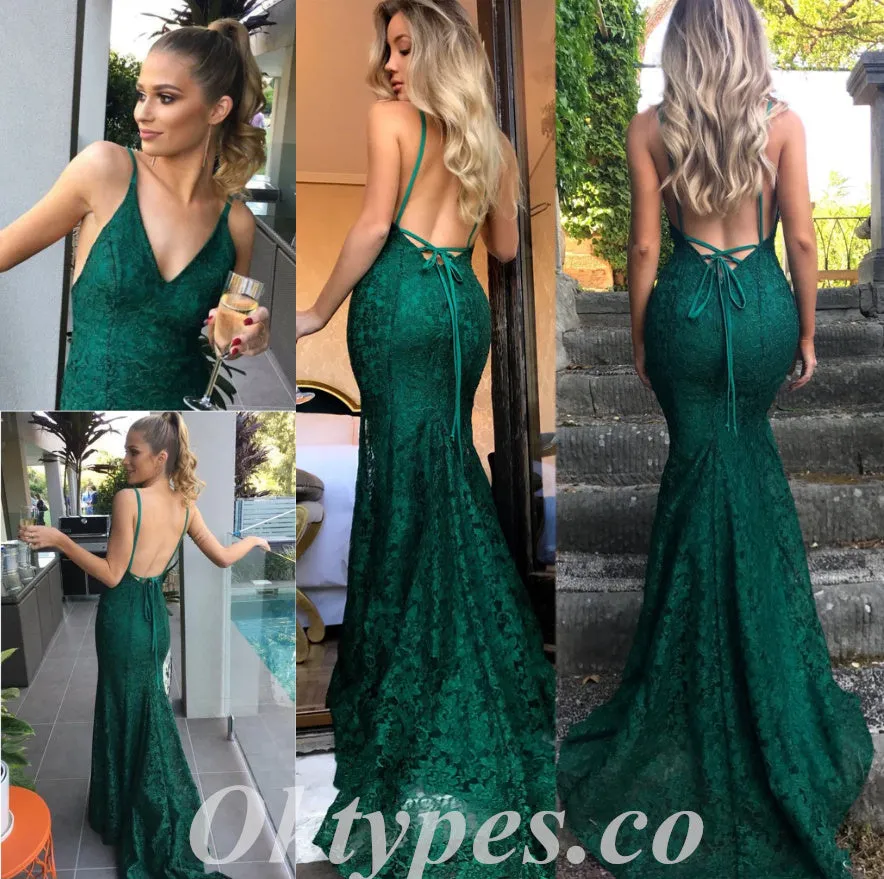 Sexy Lace Spaghetti Straps V-Neck Sleeveless Open Back Mermaid Long Prom Dresses,PDS0564