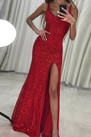 Sexy Mermaid Scoop Sleeveless Floor-Length Red Lace Prom Dresses with Sequins Split OK821