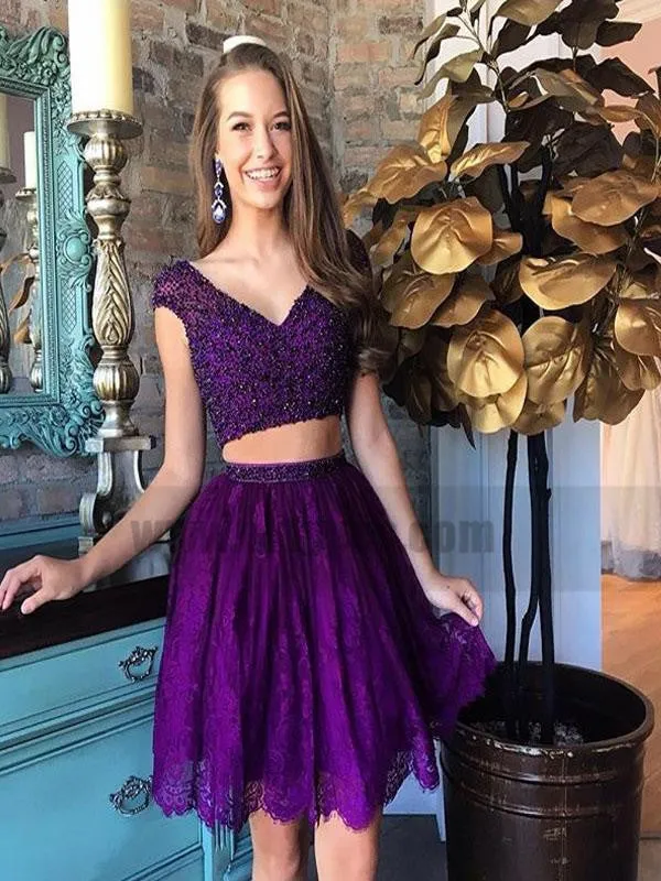 Sexy Two Pieces Cap Sleeves Cheap Short Homecoming Dresses Online, TYP0825
