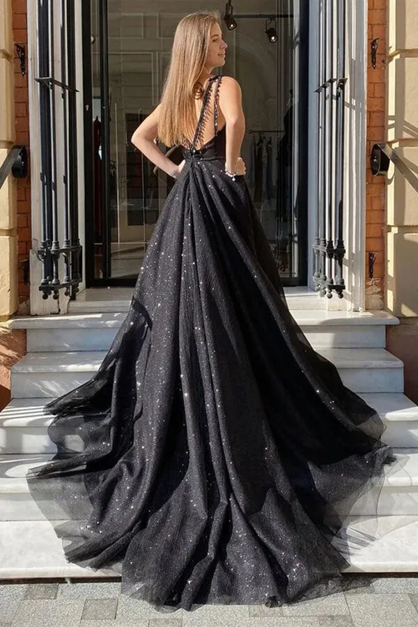 Shiny Tulle Black A-line V-neck Long Prom Dress With Slit, Evening Dresses, SP868