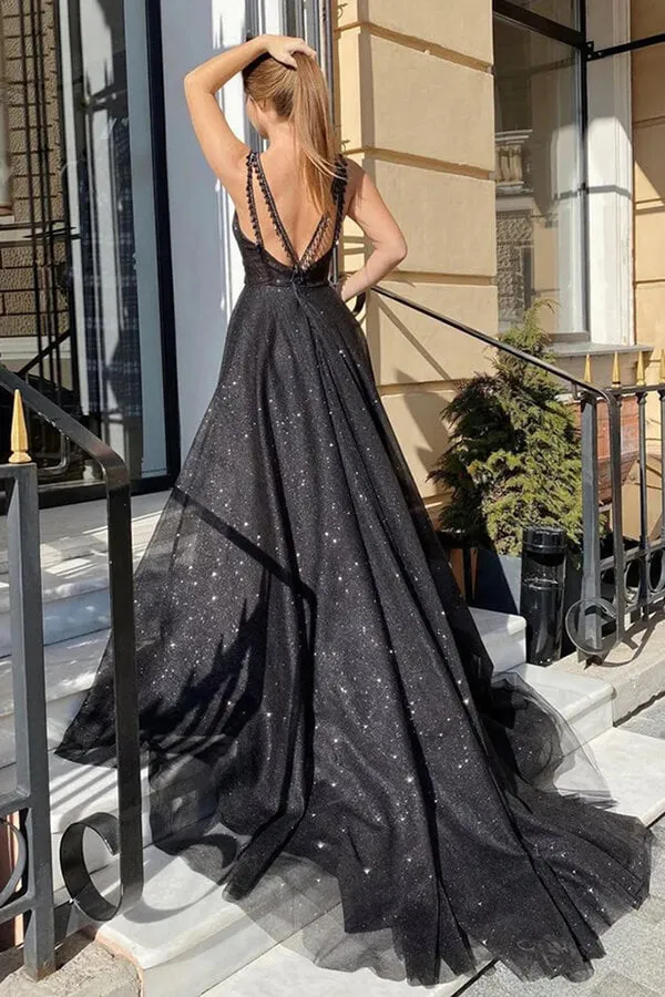 Shiny Tulle Black A-line V-neck Long Prom Dress With Slit, Evening Dresses, SP868