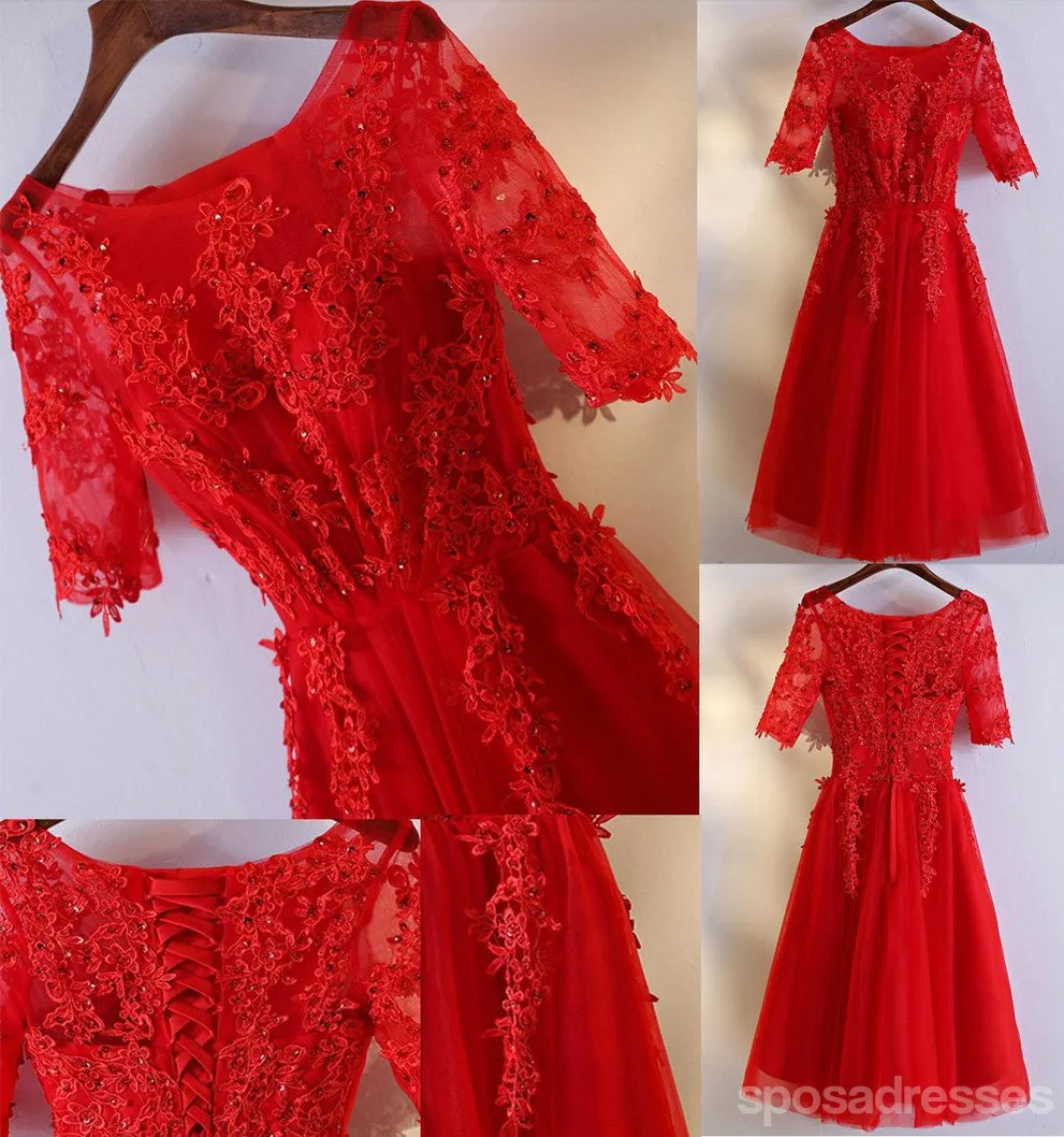Short Sleeve Red Lace Round Neckline Short Homecoming Prom Dresses, Affordable Corset Back Short Party Prom Dresses, Perfect Homecoming Dresses, CM248