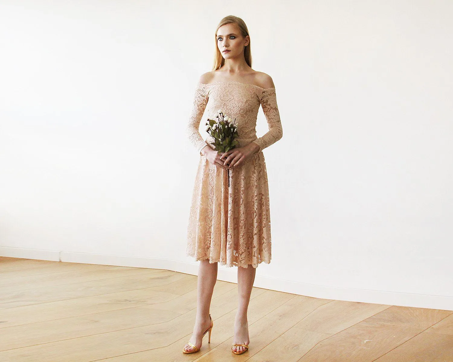 Short wedding dress ,Pink Off-The-Shoulder Floral Lace Long Sleeve Midi Dress #1149