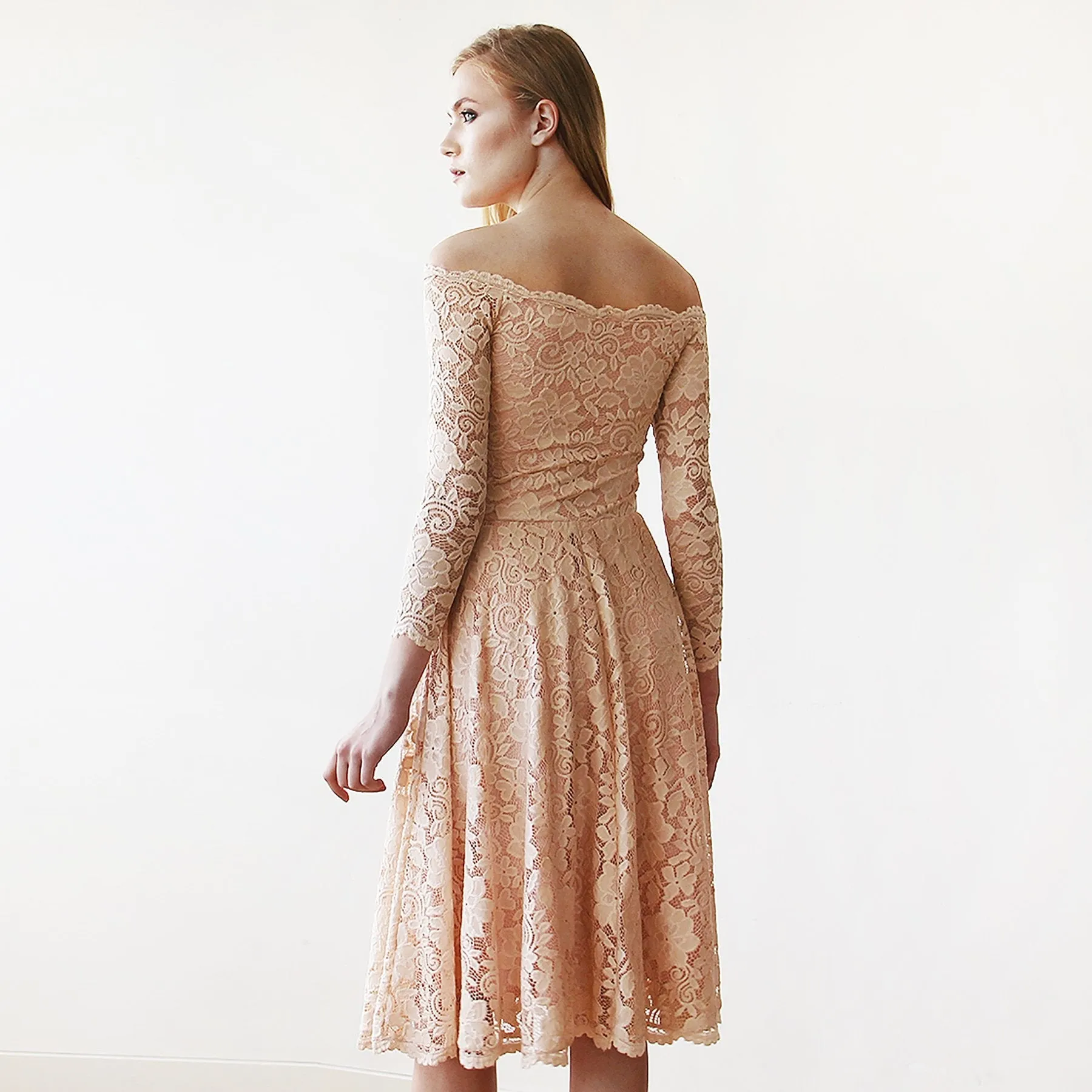 Short wedding dress ,Pink Off-The-Shoulder Floral Lace Long Sleeve Midi Dress #1149