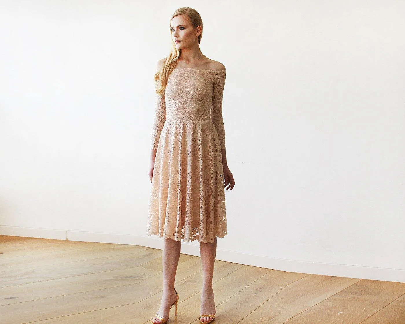 Short wedding dress ,Pink Off-The-Shoulder Floral Lace Long Sleeve Midi Dress #1149