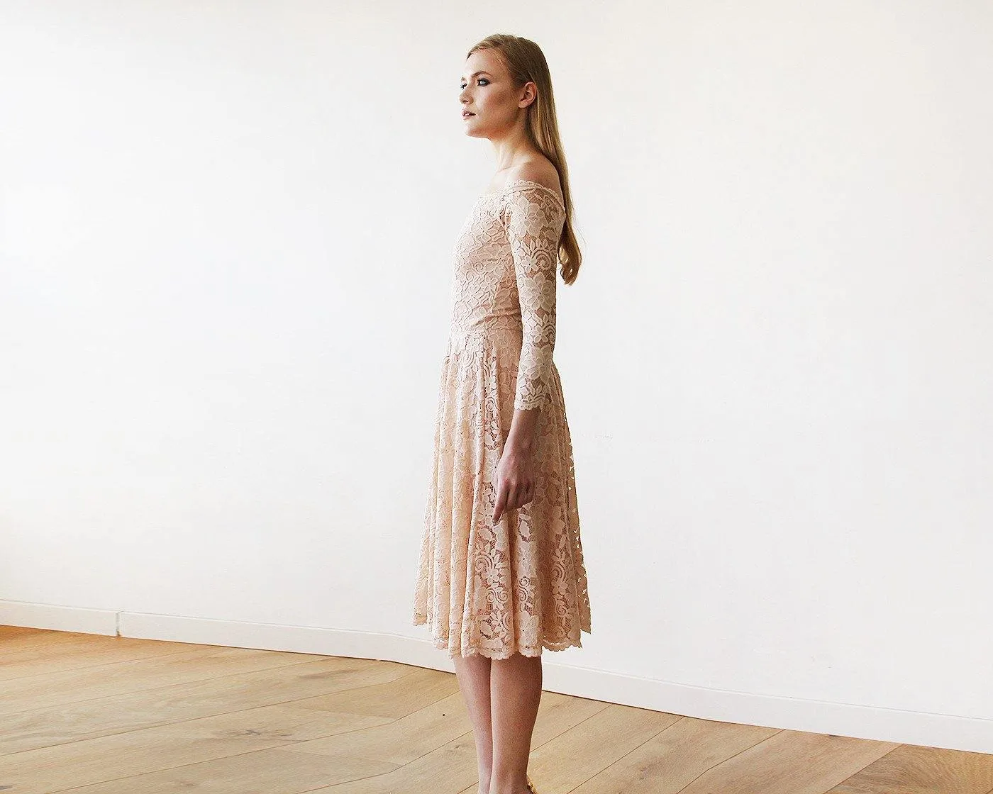 Short wedding dress ,Pink Off-The-Shoulder Floral Lace Long Sleeve Midi Dress #1149