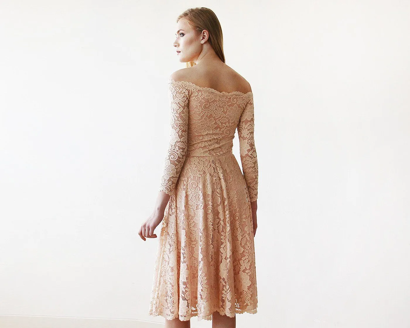 Short wedding dress ,Pink Off-The-Shoulder Floral Lace Long Sleeve Midi Dress #1149