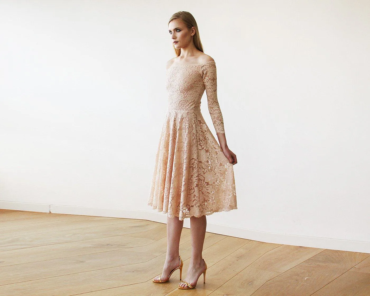 Short wedding dress ,Pink Off-The-Shoulder Floral Lace Long Sleeve Midi Dress #1149