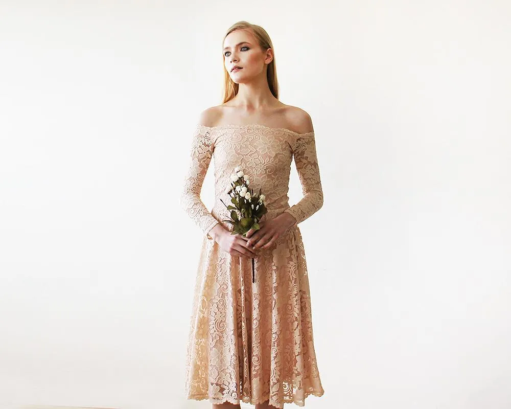 Short wedding dress ,Pink Off-The-Shoulder Floral Lace Long Sleeve Midi Dress #1149