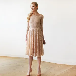 Short wedding dress ,Pink Off-The-Shoulder Floral Lace Long Sleeve Midi Dress #1149