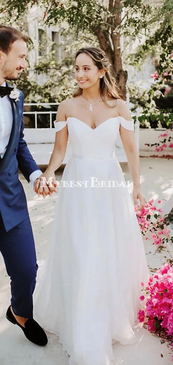 Simple Off-The-Shoulder White A-line Long Cheap Wedding Dresses, WDS0050