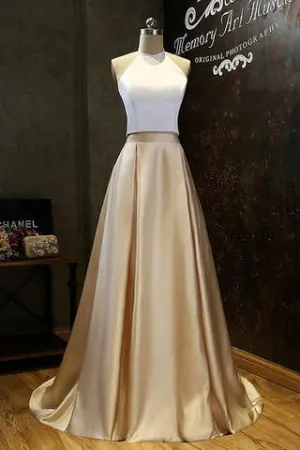 Simple Two-Piece Gold Halter Long Prom Evening Dresses With White Top OK600