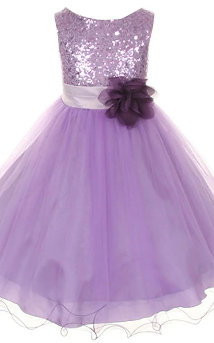 Sleeveless A-line Dress With Sequined Bodice and Flower-400177