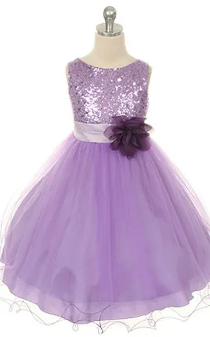 Sleeveless A-line Dress With Sequined Bodice and Flower-400177