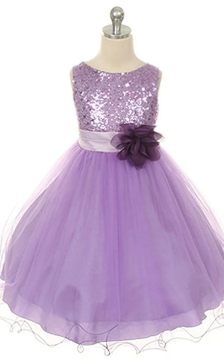 Sleeveless A-line Dress With Sequined Bodice and Flower-400177