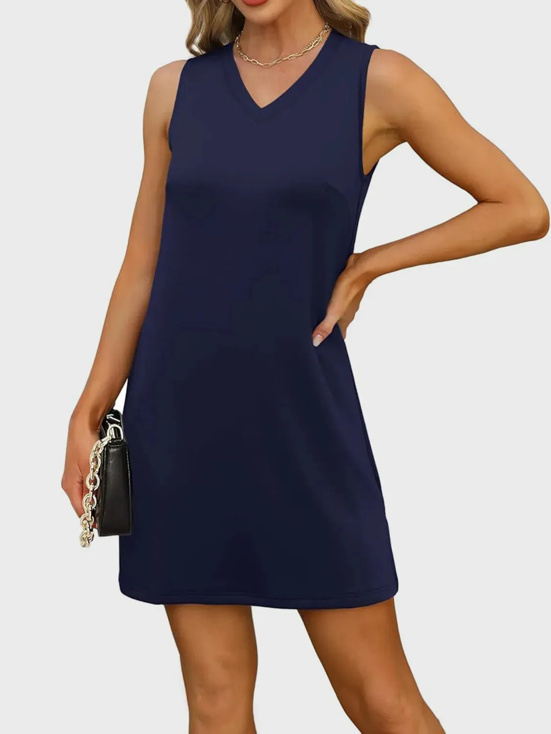 Slit V-Neck Sleeveless Mini Dress