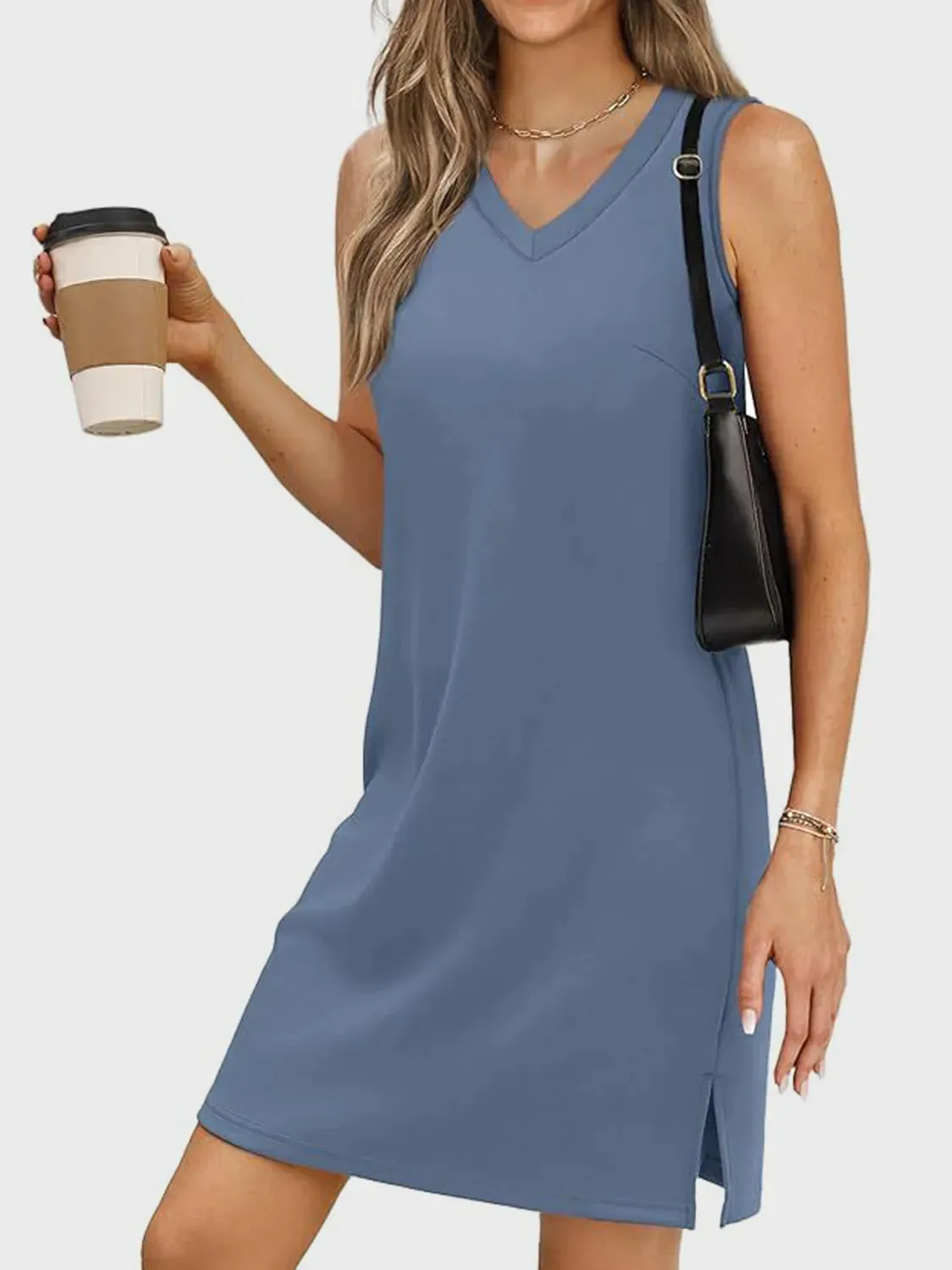 Slit V-Neck Sleeveless Mini Dress
