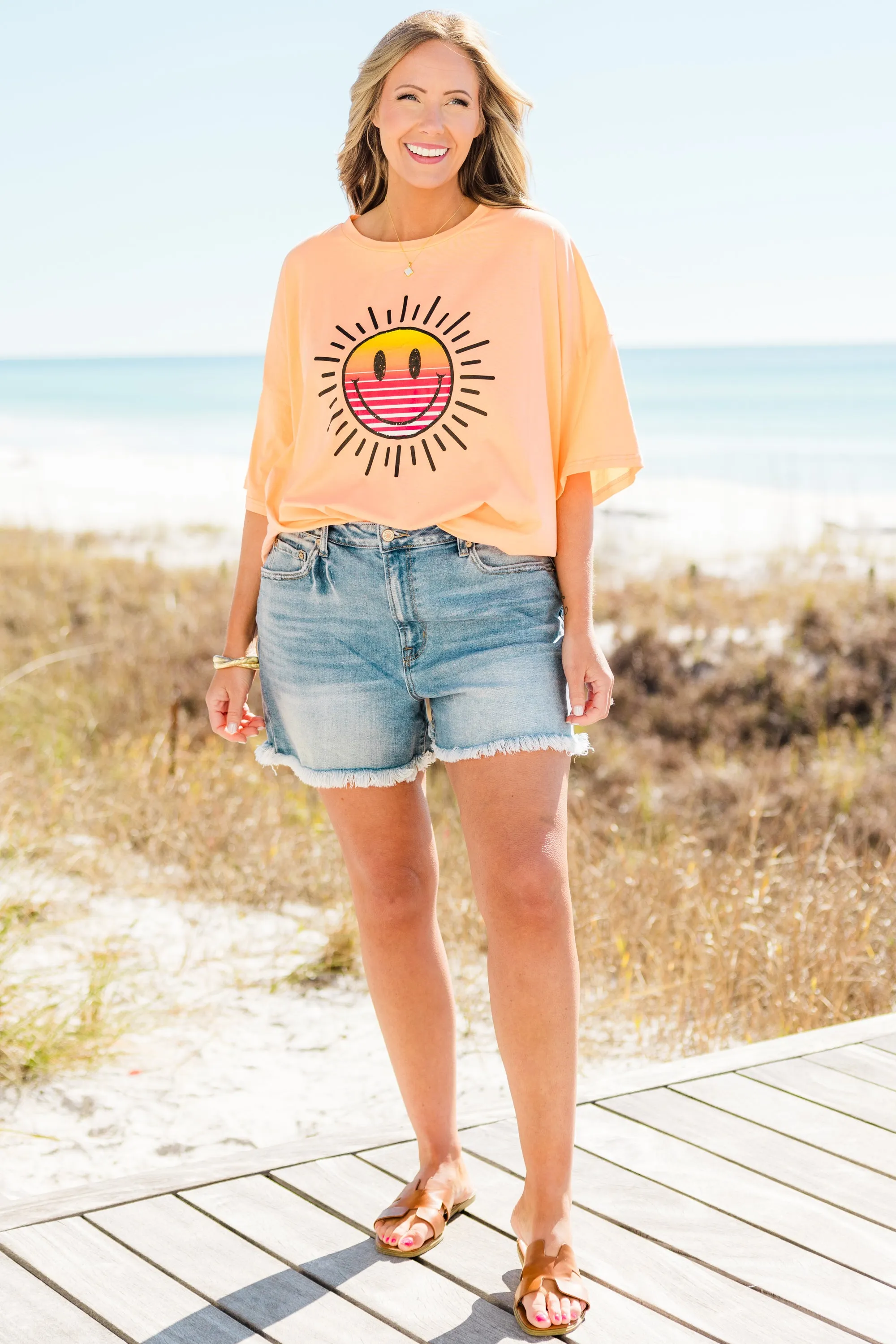 Smiles for Sunsets Boyfriend Tee, Neon Coral