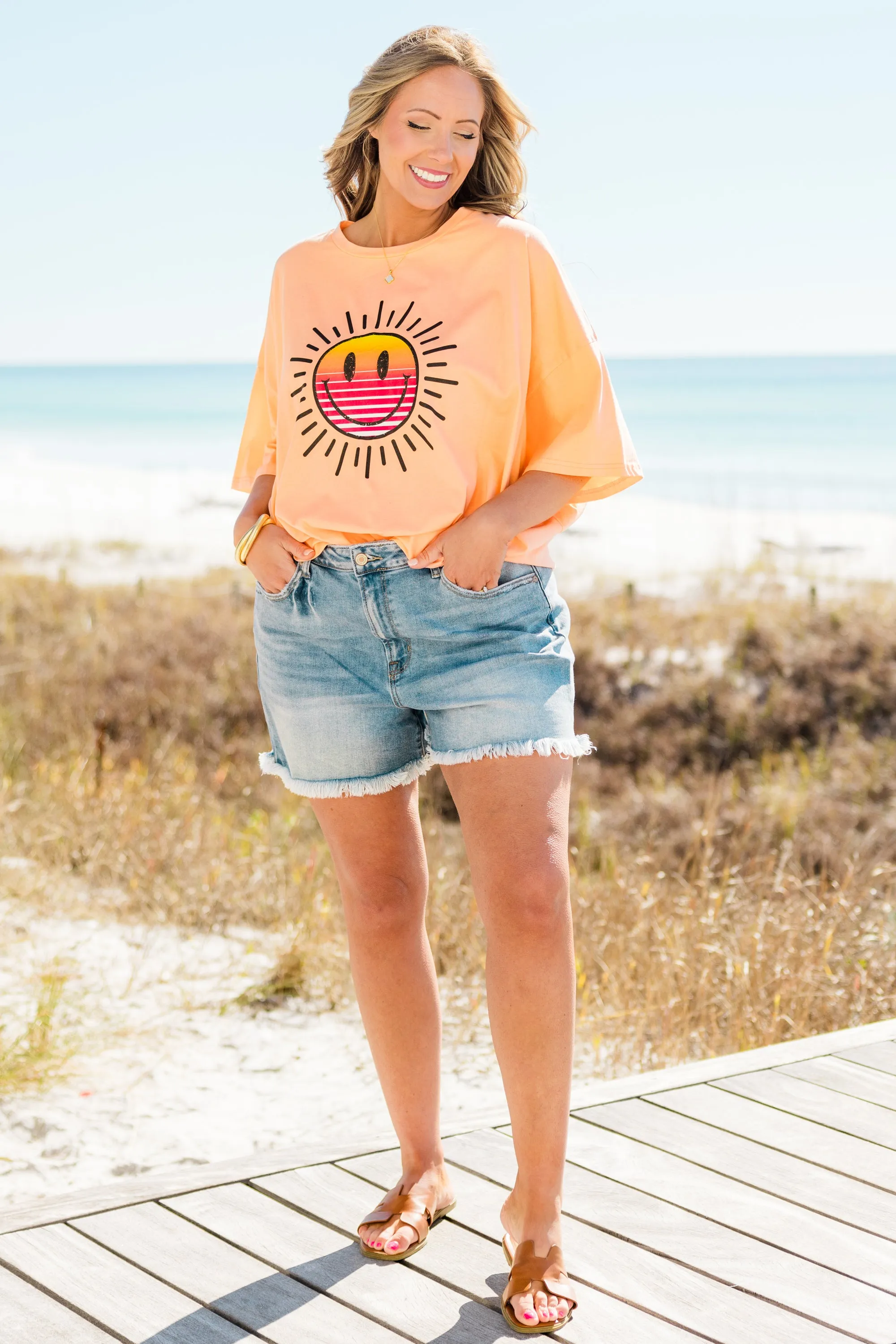 Smiles for Sunsets Boyfriend Tee, Neon Coral