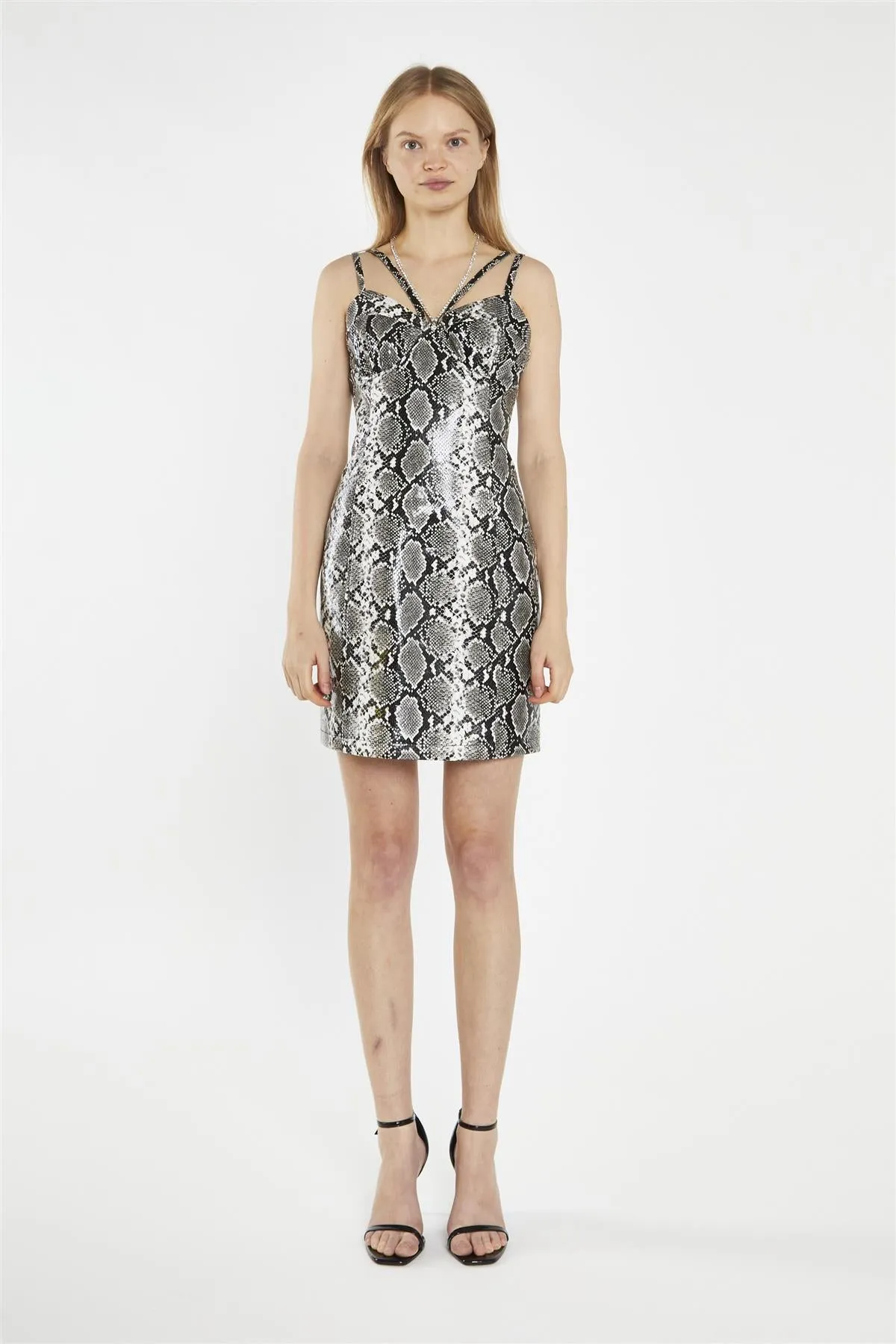 Snake-Pu Diamante-Strap Mini-Dress