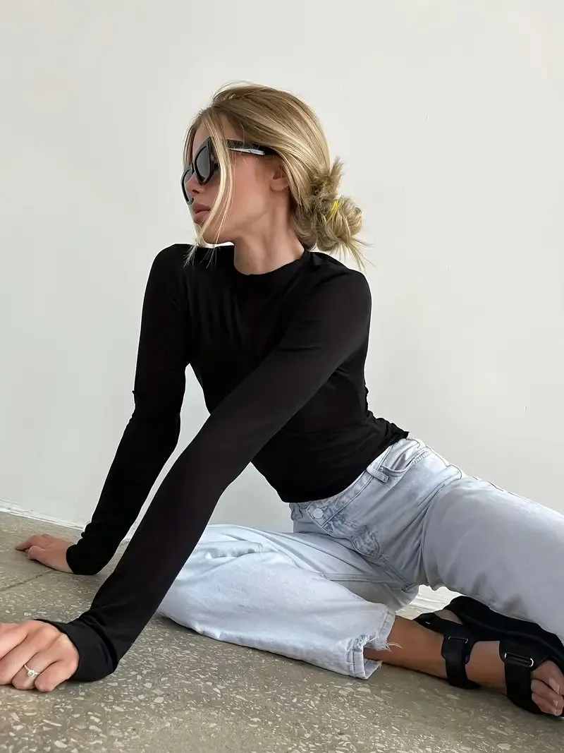 Solid Color Long-sleeved Elastic Slim-fit Basic Hedging Top