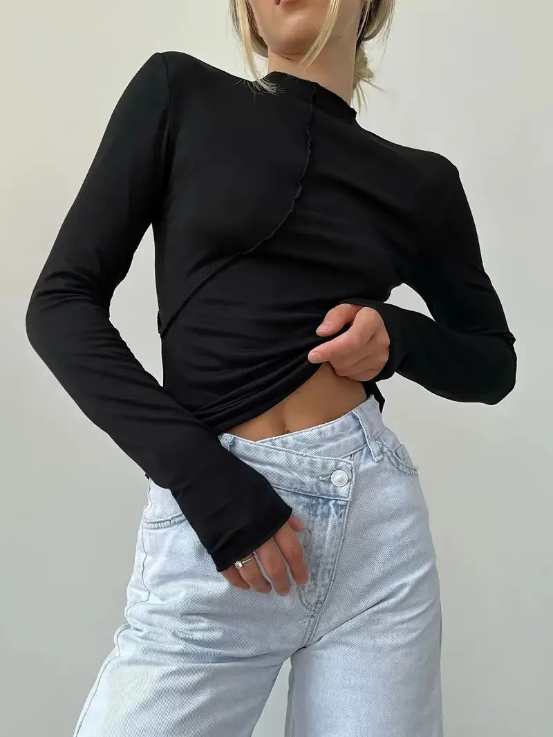 Solid Color Long-sleeved Elastic Slim-fit Basic Hedging Top