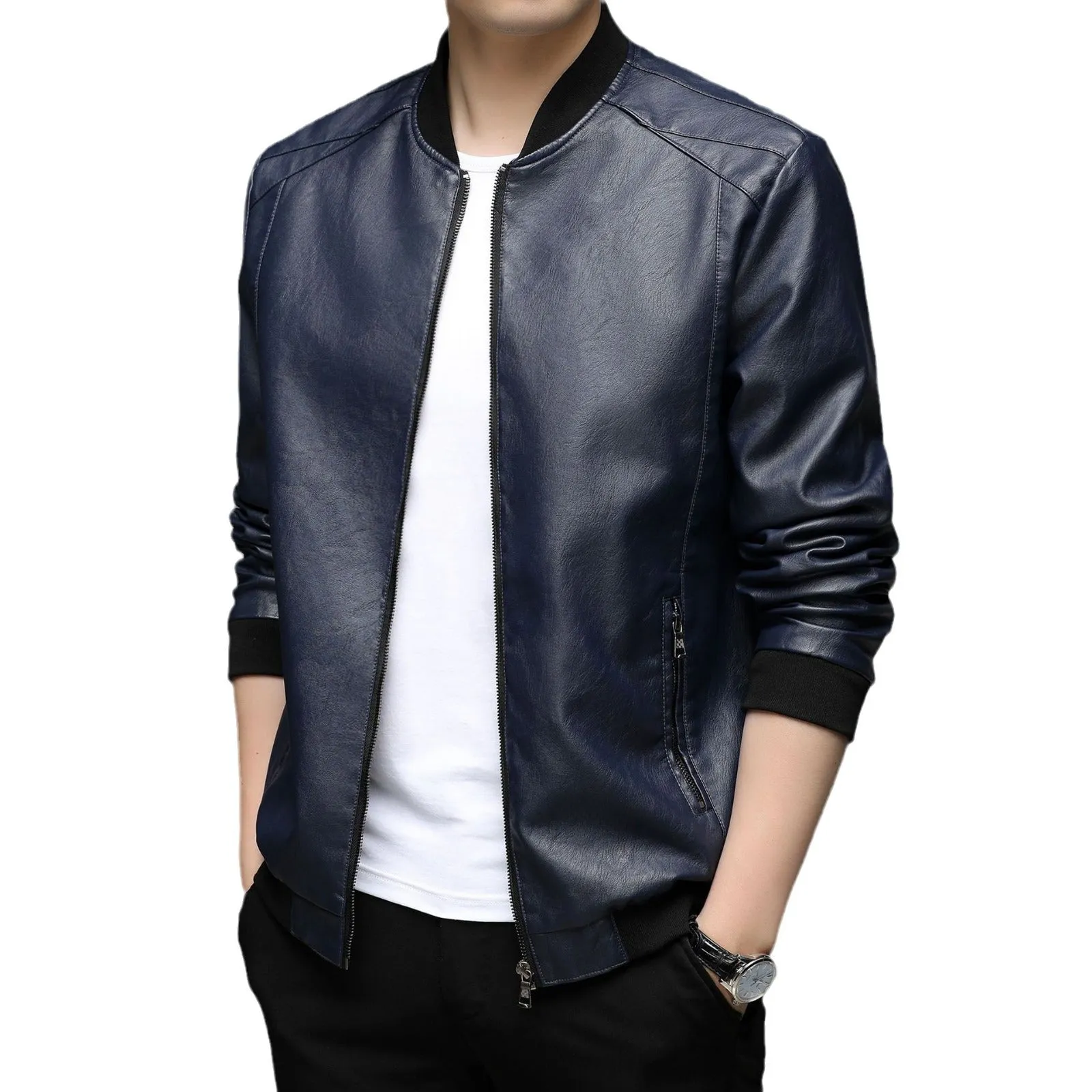 Solid Color Zip-up Faux Leather Jacket for Men with Elastic Band Cuff