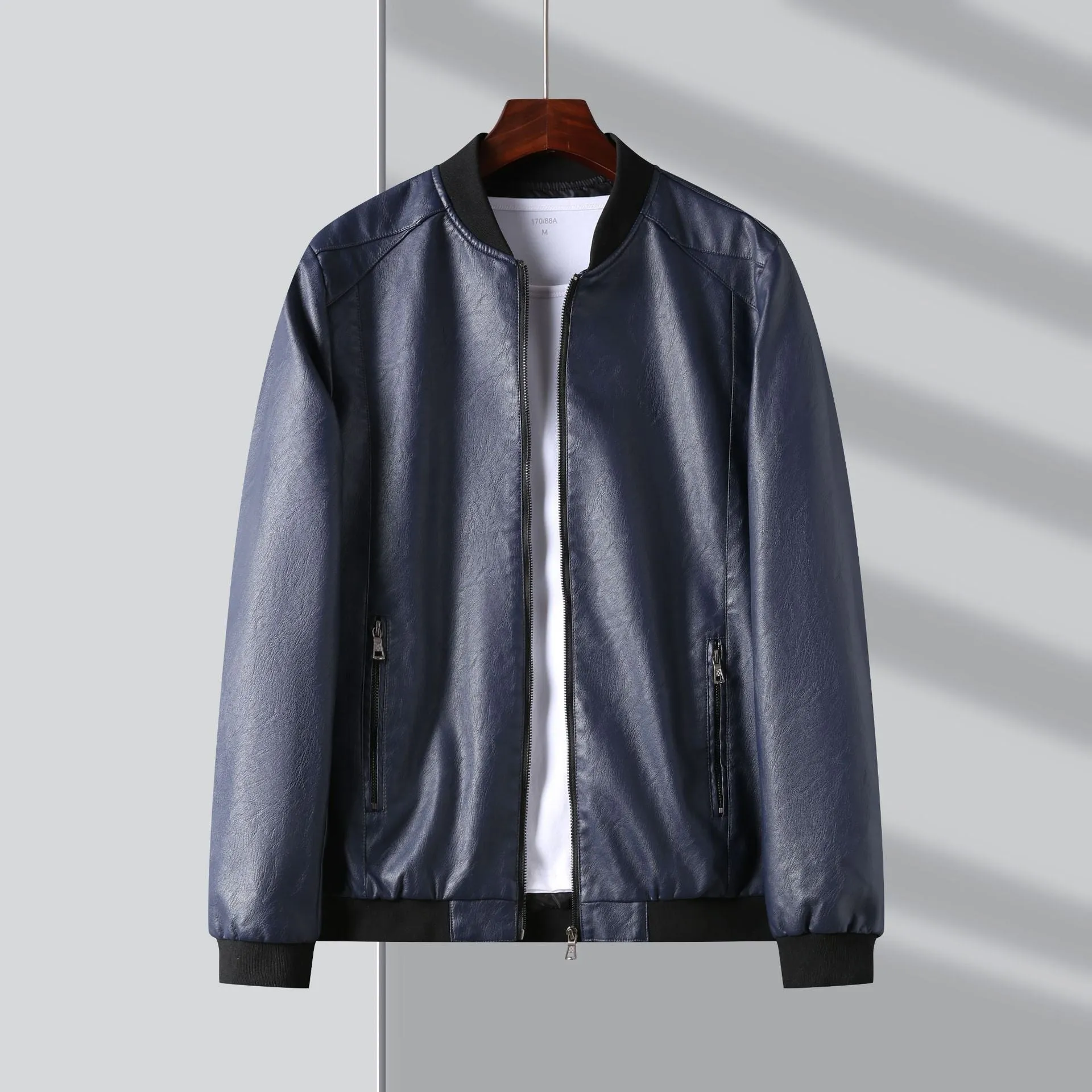 Solid Color Zip-up Faux Leather Jacket for Men with Elastic Band Cuff